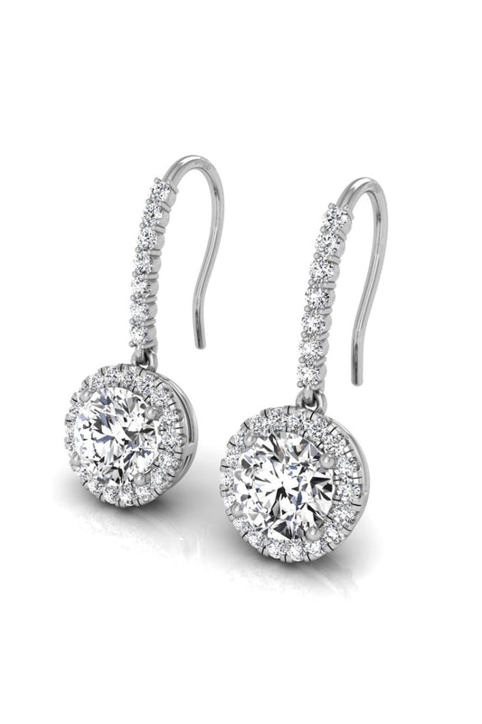 1.29 TCW Round Cut Halo Drop Moissanite Earrings