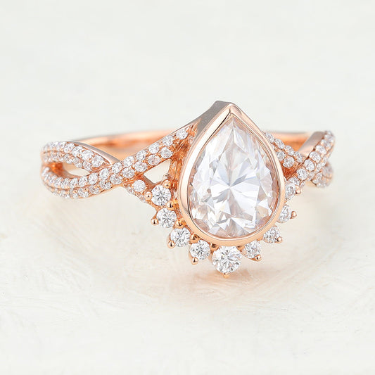 0.9 CT Pear Cluster & Bezel Moissanite Engagement Ring