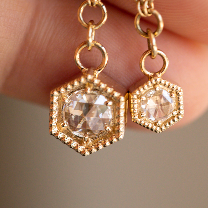 0.06 TCW Round Rose Cut Moissanite Hexagon Charm Necklace