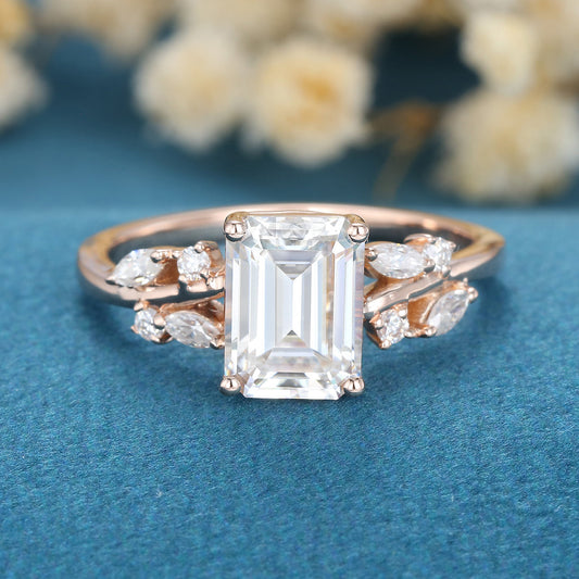 1.6 CT Emerald Cluster Moissanite Engagement Ring