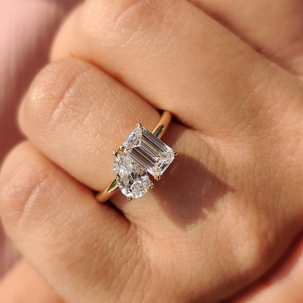 1.57 TCW Emerald & Pear Toi Et Moi Moissanite Engagement Ring