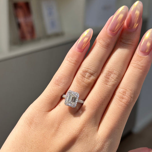 2 CT Emerald Halo & Pave Moissanite Engagement Ring