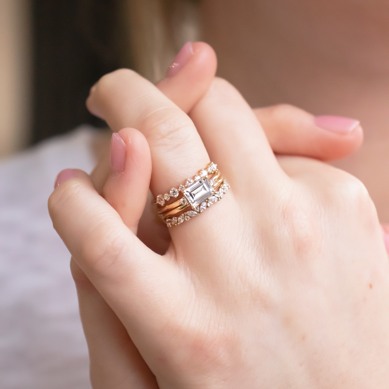 1.50 CT Emerald Moissanite East West Cluster Engagement Ring - farrellouise