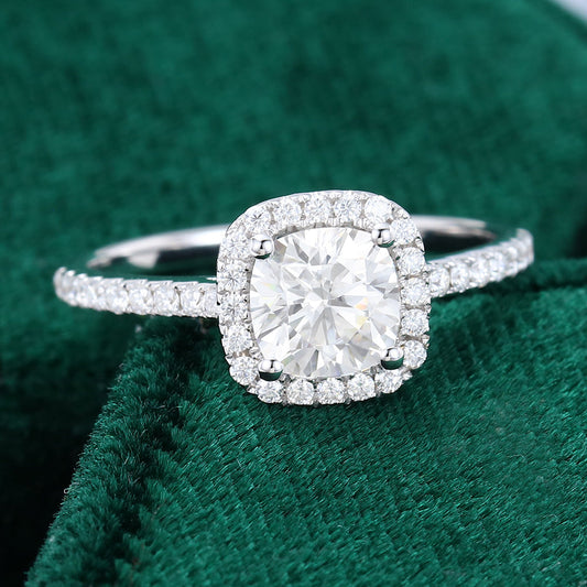 0.96 CT Cushion Pave & Halo Moissanite Engagement Ring