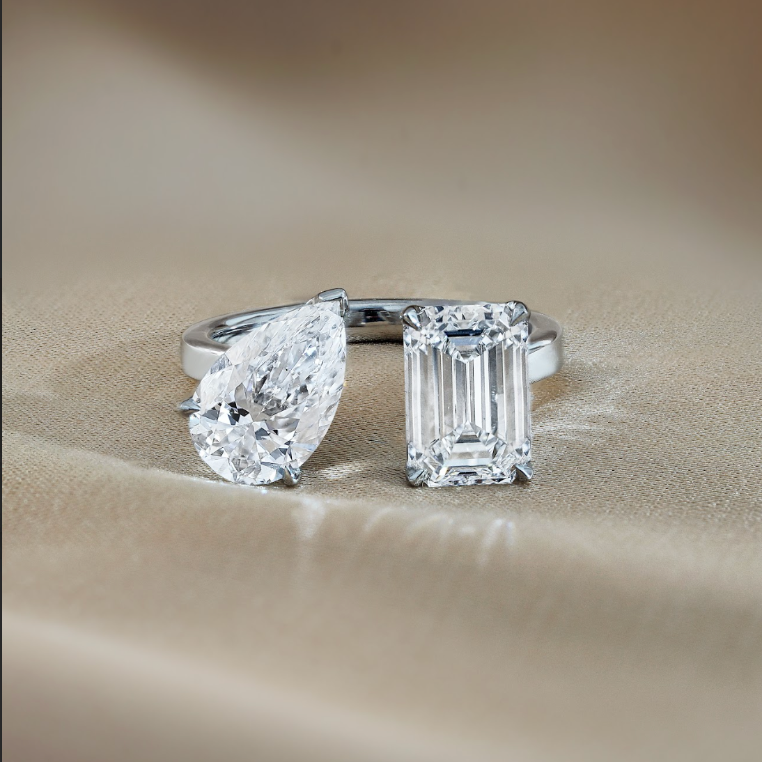 3.5 TCW Emerald & Pear Toi Et Moi Moissanite Engagement Ring