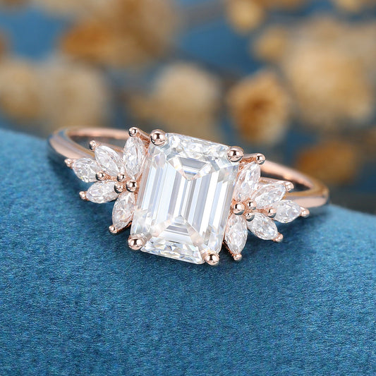 1.6 CT Emerald Cluster Moissanite Engagement Ring