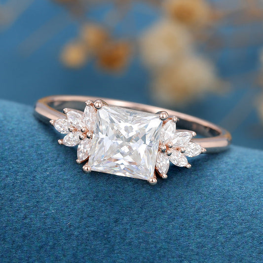 1.75 CT Princess Cluster Moissanite Engagement Ring