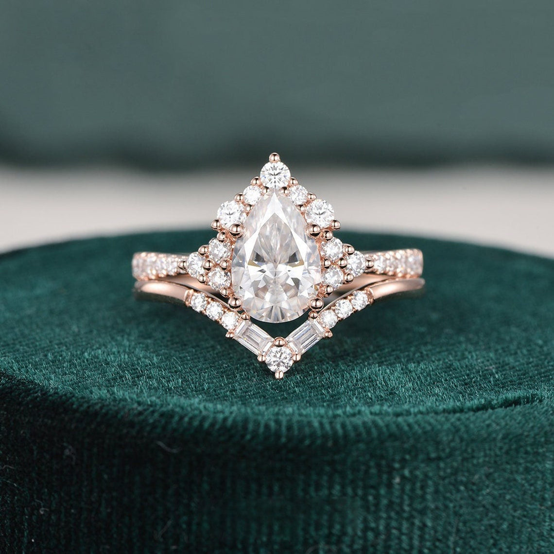 1.50 CT Pear Cut Cluster Art Deco Moissanite Bridal Ring Set 1