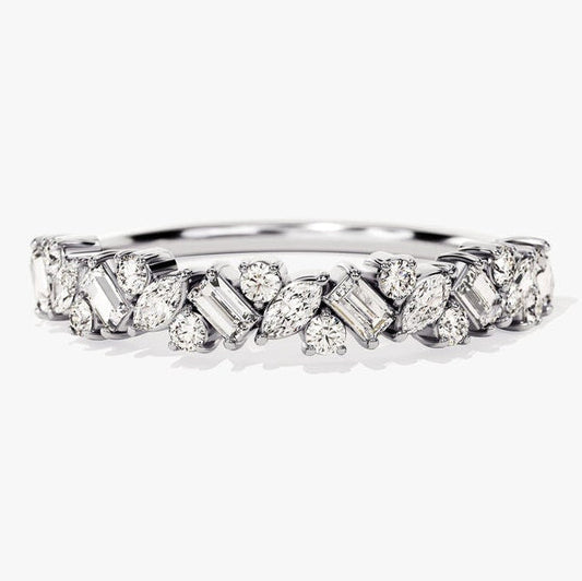0.58 TCW Marquise, Baguette & Round Cluster Moissanite Wedding Band