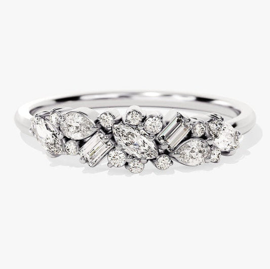 0.72 TCW Marquise, Baguette & Round Cluster Moissanite Wedding Band