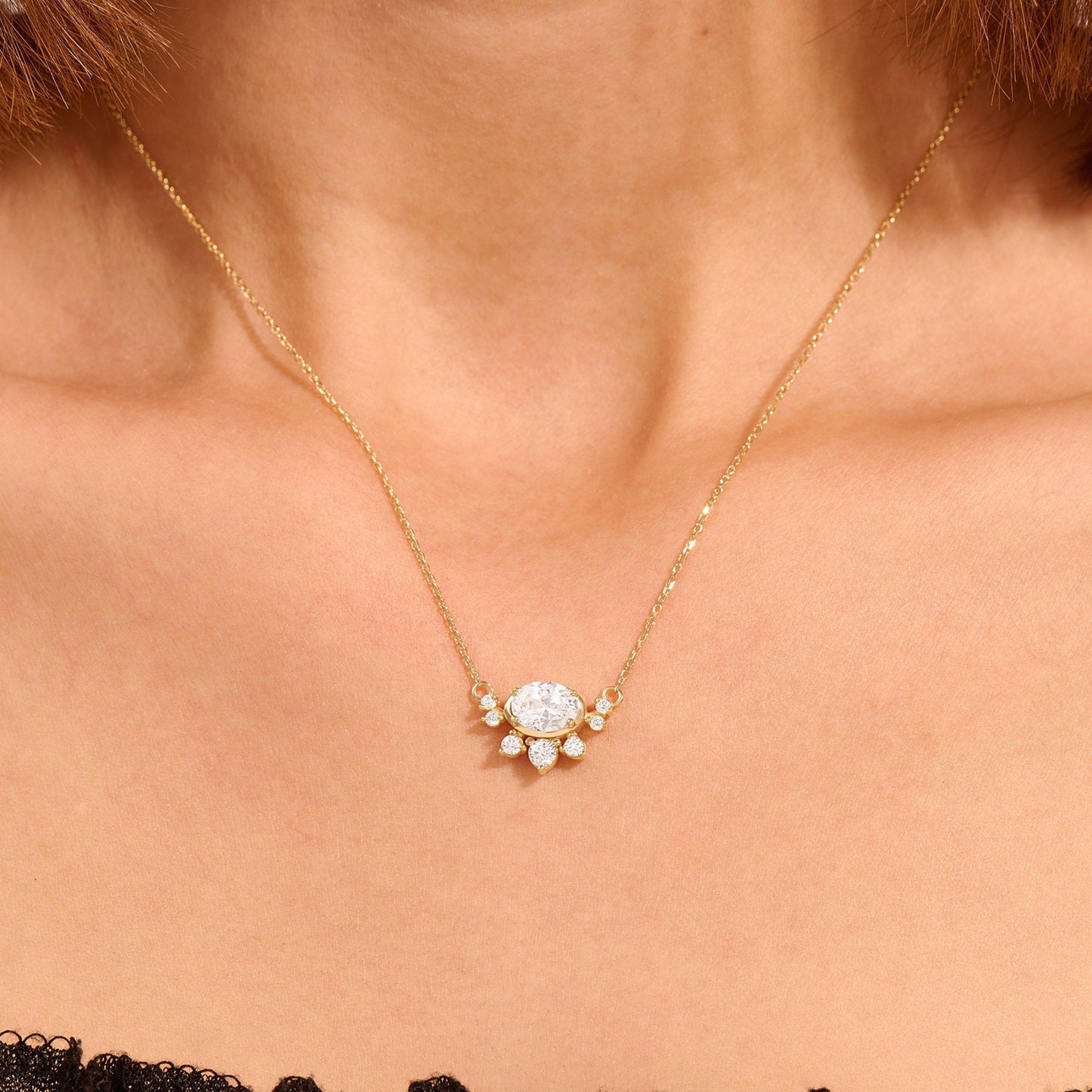 1 CT Oval Shaped Moissanite Necklace In Cluster Design