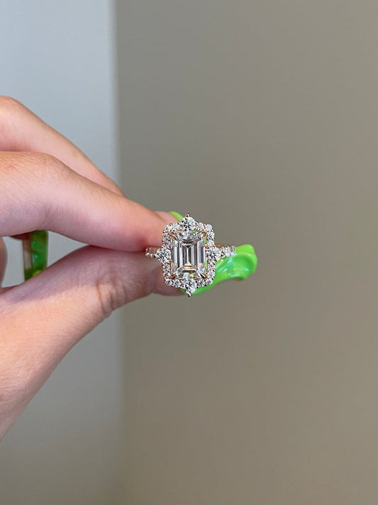 3.5 CT Emerald Shaped Moissanite Engagement Ring In Cluster Design
