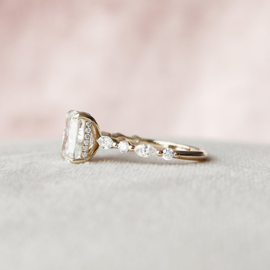 2.5 CT Elongated Cushion Hidden Halo & Dainty Pave Moissanite Engagement Ring