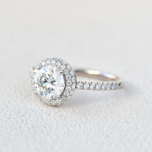 1 CT Round Shaped Moissanite Engagement Ring In Halo & Pave Design