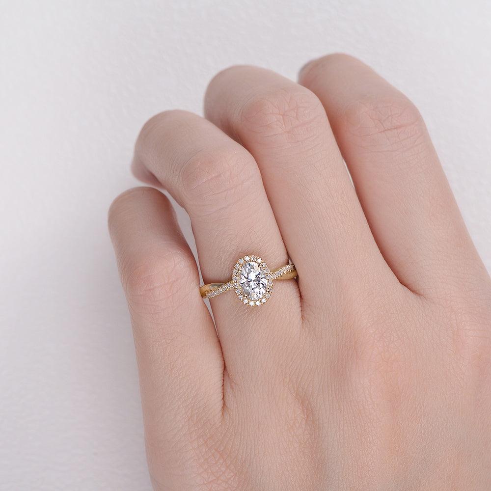 1.33 CT Oval Shaped Moissanite Engagement Ring In Halo & Pave Twisted Shank Design