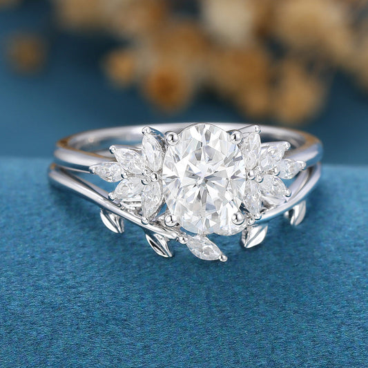 1.33 CT Oval Shaped Moissanite Cluster Bridal Set 2