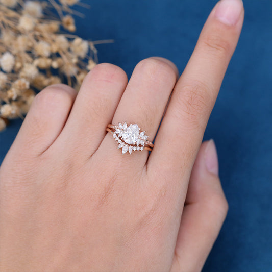 1.0 CT Pear Shaped Moissanite Cluster Bridal Set 2