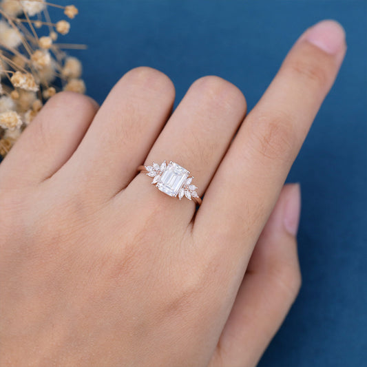 1.60 CT Emerald Shaped Moissanite Cluster Engagement Ring 2