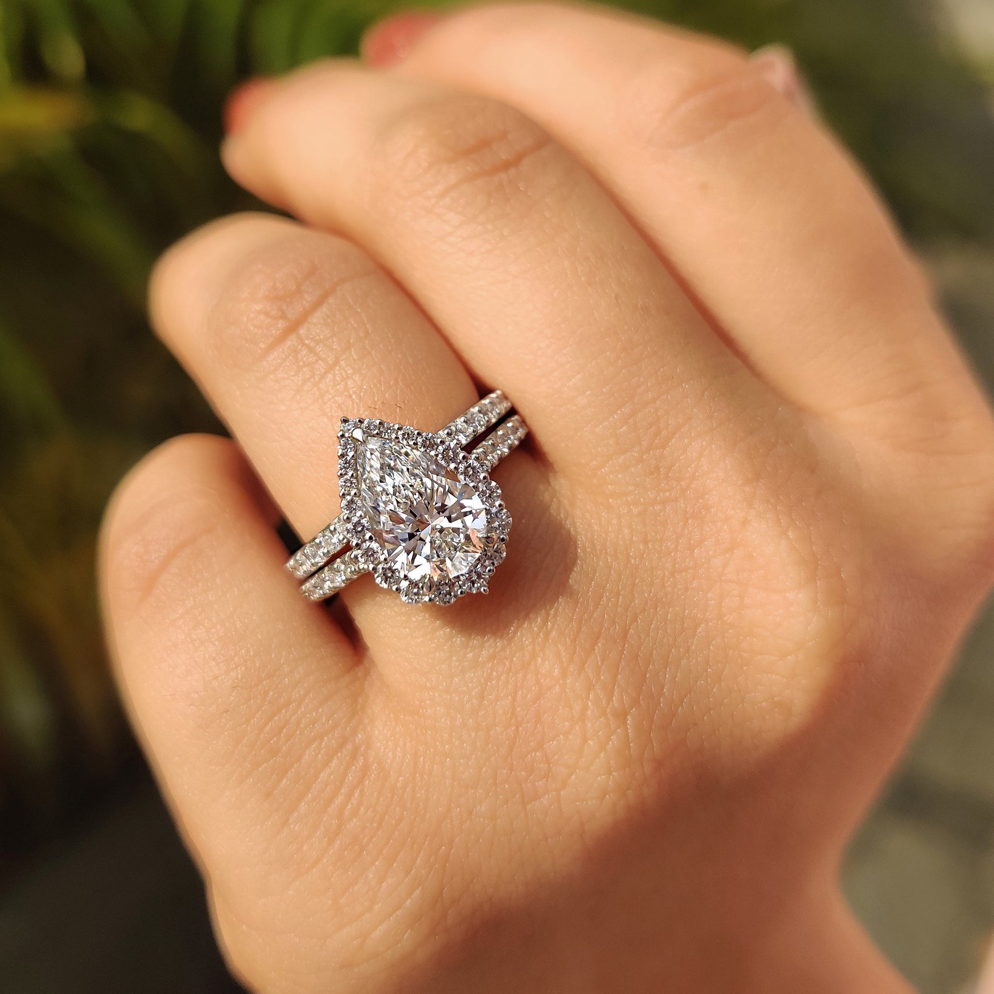 2 CT Pear Halo & Pave Moissanite Engagement Ring
