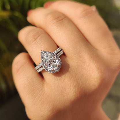 2 CT Pear Halo & Pave Moissanite Engagement Ring