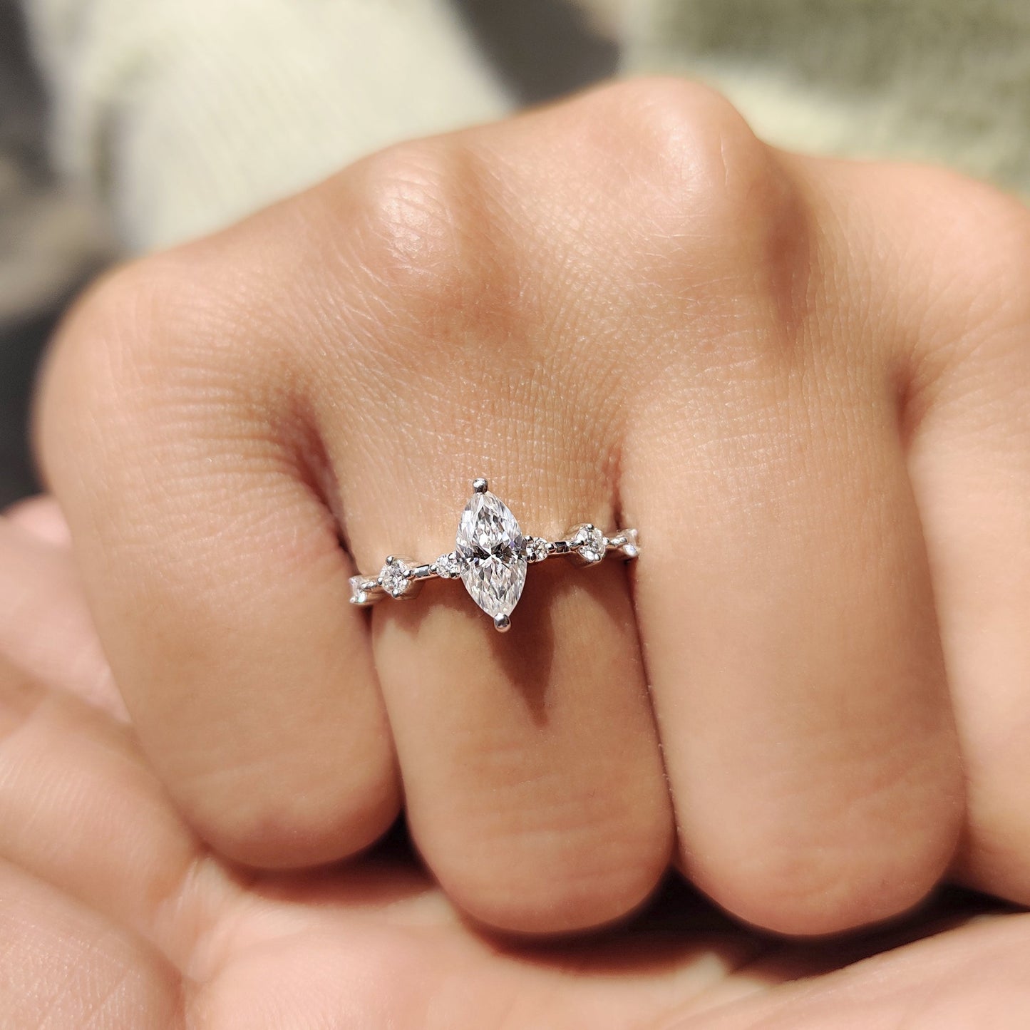 0.50 CT Marquise Dainty Pave Moissanite Engagement Ring