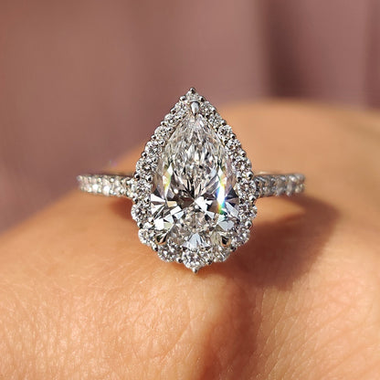 2 CT Pear Halo & Pave Moissanite Engagement Ring