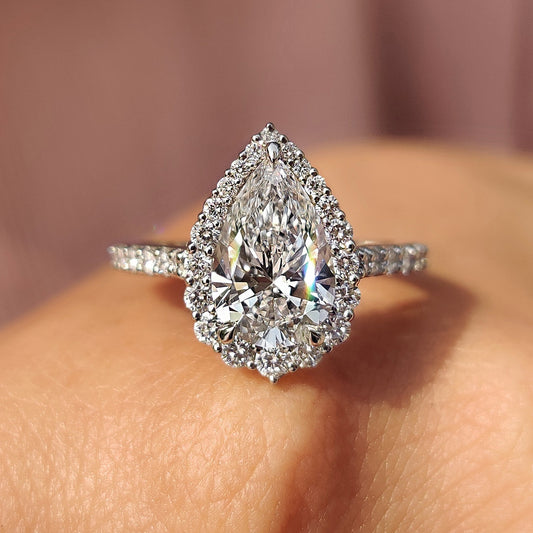 2 CT Pear Halo & Pave Moissanite Engagement Ring