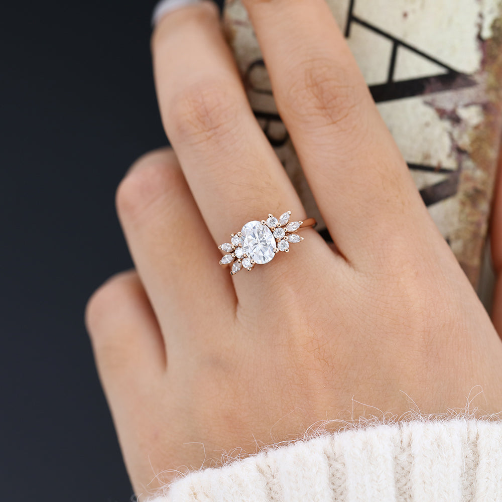 1.33 CT Oval Shaped Moissanite Engagement Ring In Cluster Design