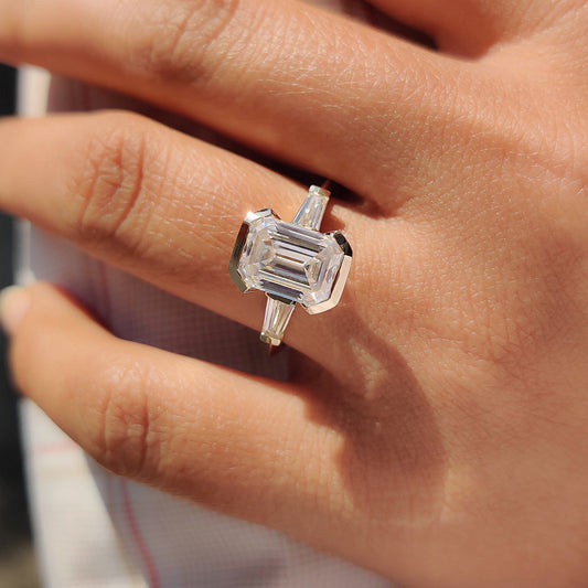 2.96 CT Emerald Half Bezel Three Stone Moissanite Engagement Ring