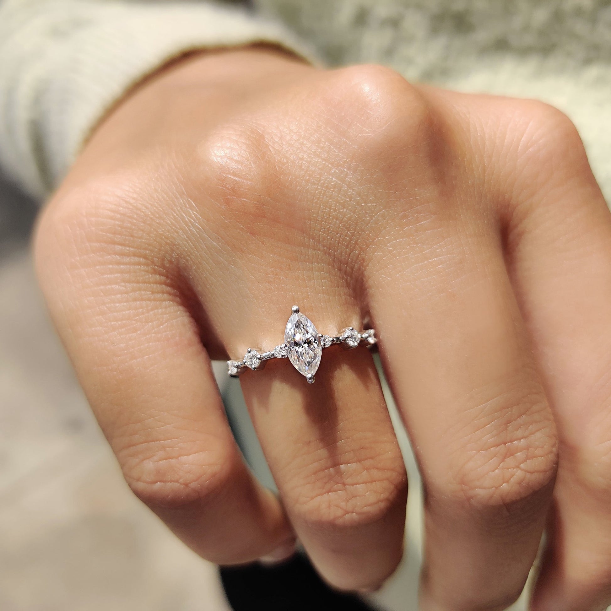 0.50 CT Marquise Dainty Pave Moissanite Engagement Ring