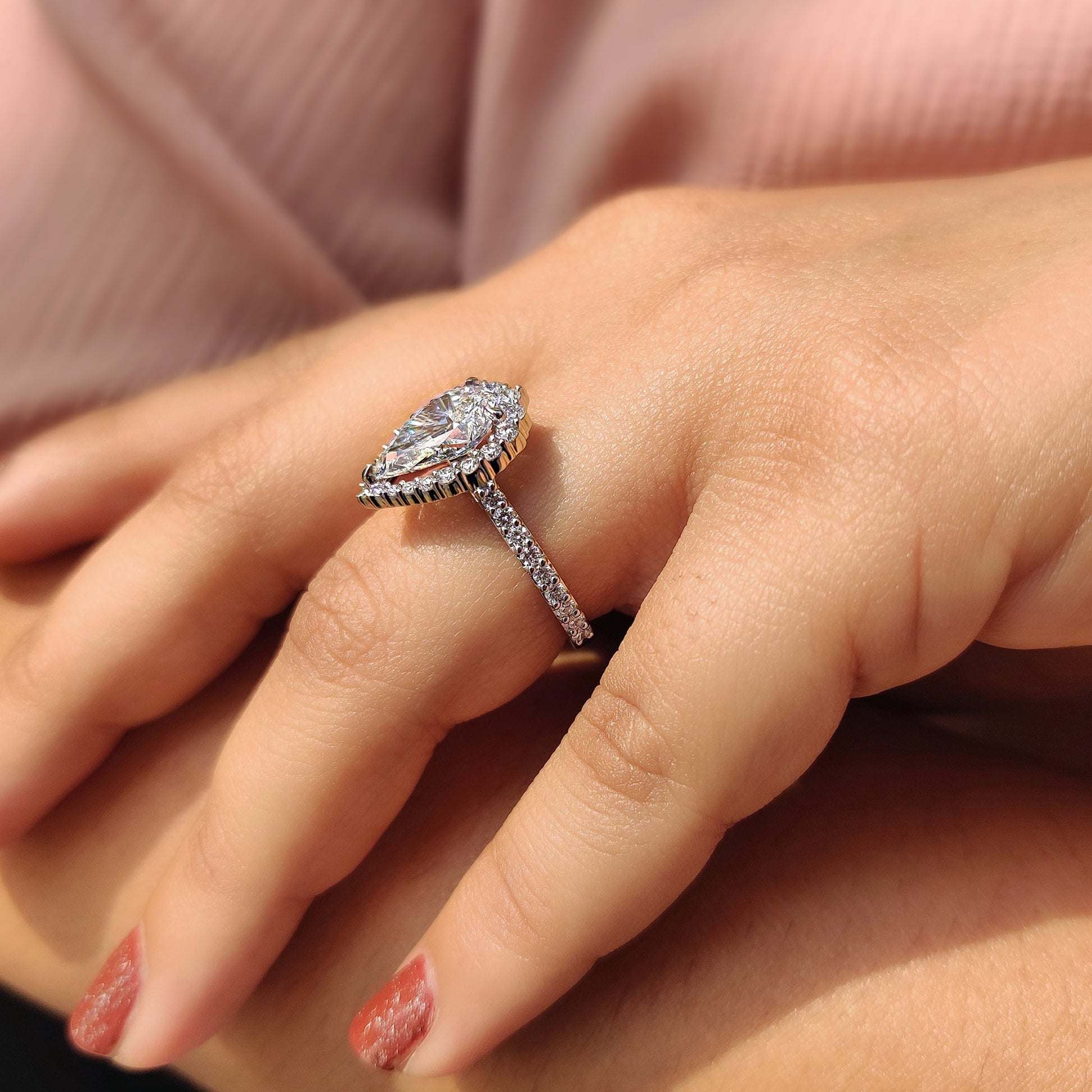 2 CT Pear Halo & Pave Moissanite Engagement Ring