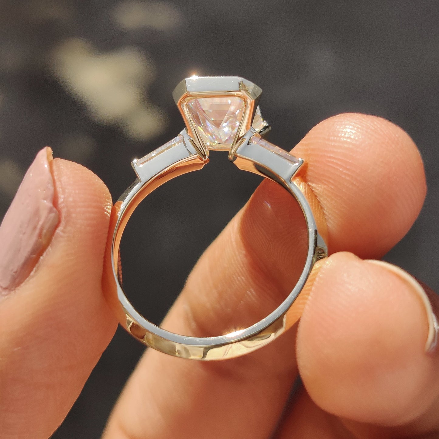 2.96 CT Emerald Half Bezel Three Stone Moissanite Engagement Ring