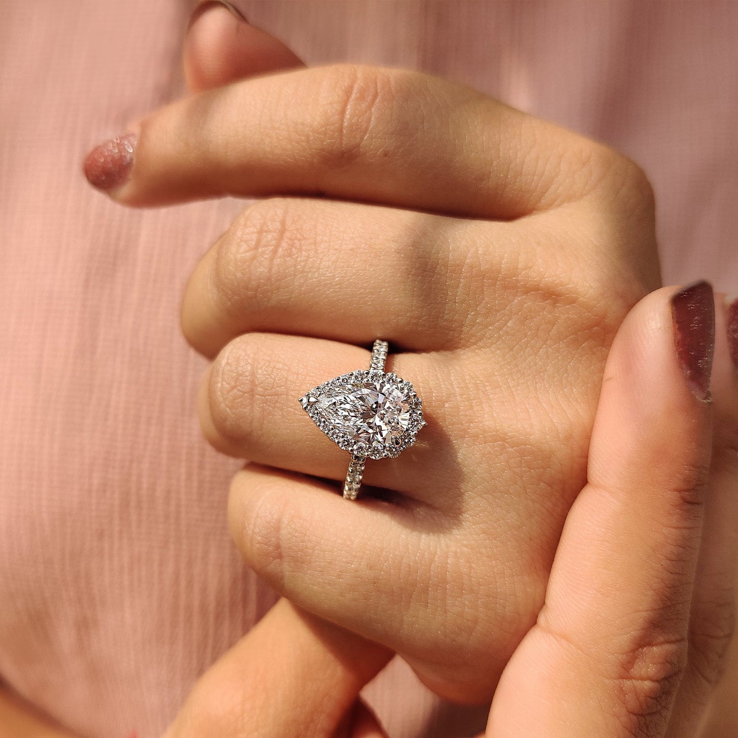 2 CT Pear Halo & Pave Moissanite Engagement Ring