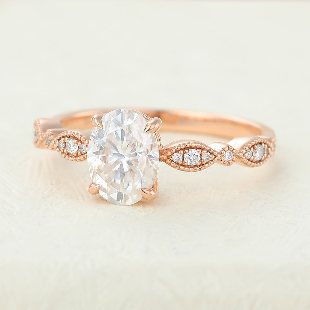 1.33 CT Oval Milgrain Pave Moissanite Engagement Ring