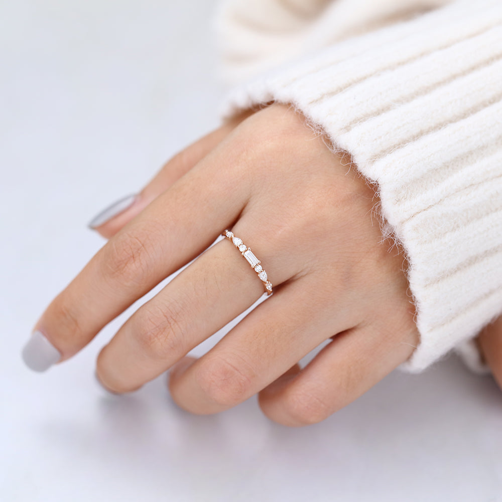 0.49 TCW Pear, Baguette, Marquise & Round Half Eternity Moissanite Wedding Band