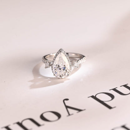 2.0 CT Pear Pave & Halo Moissanite Engagement Ring
