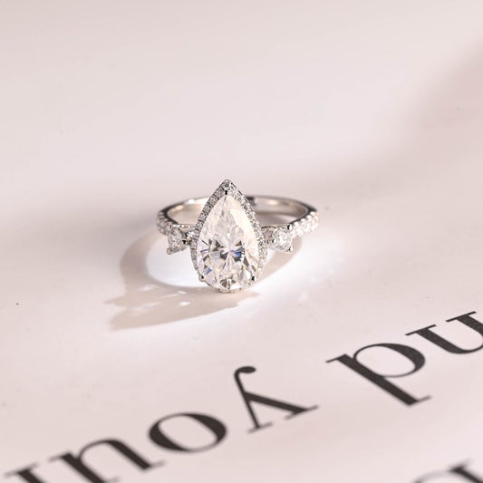 2.0 CT Pear Pave & Halo Moissanite Engagement Ring