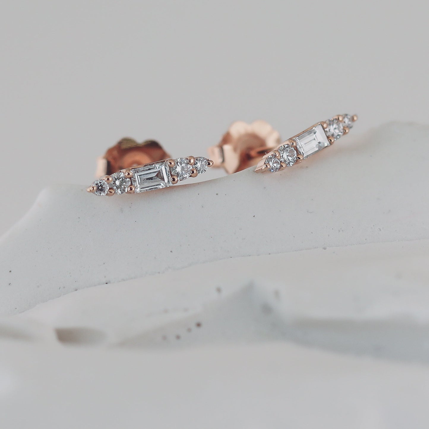 0.15 TCW Baguette & Round Cut Moissanite Stud Earrings