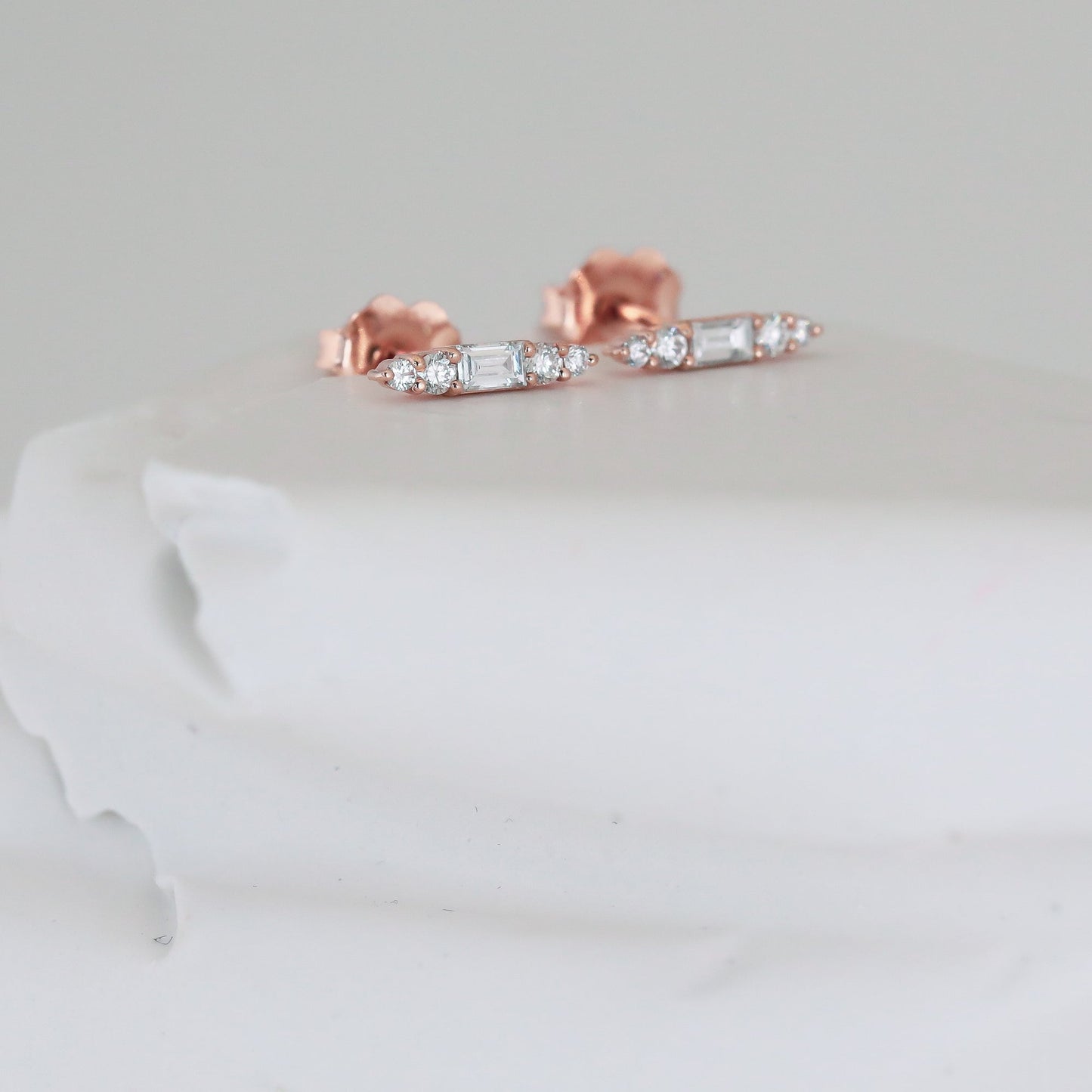 0.15 TCW Baguette & Round Cut Moissanite Stud Earrings