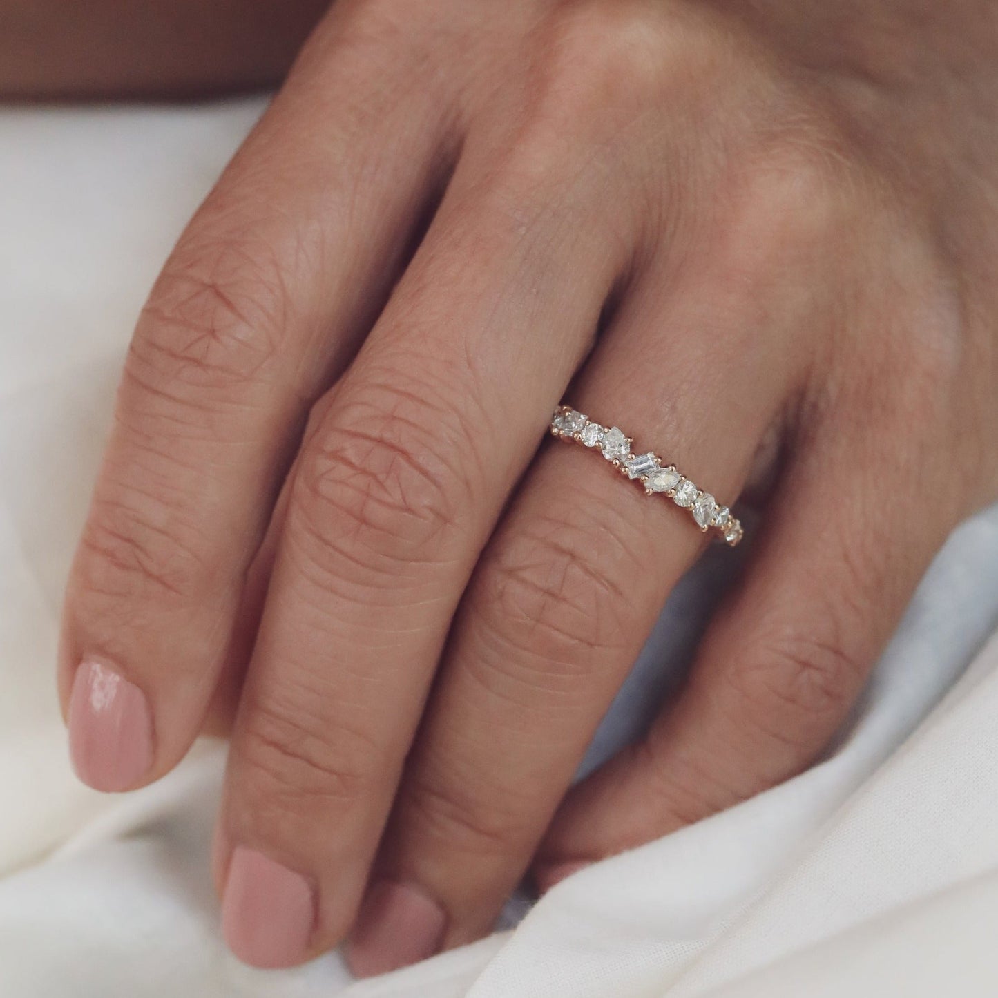 0.38 TCW Baguette, Pear, Oval, Round & Asscher Cluster Moissanite Wedding Band