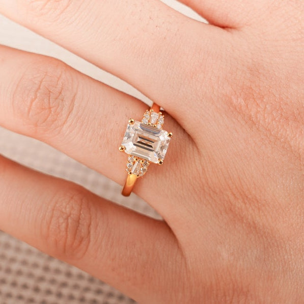 2.0 CT Emerald Cluster Moissanite Engagement Ring