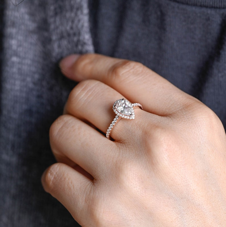2.0 CT Pear Pave & Halo Moissanite Engagement Ring