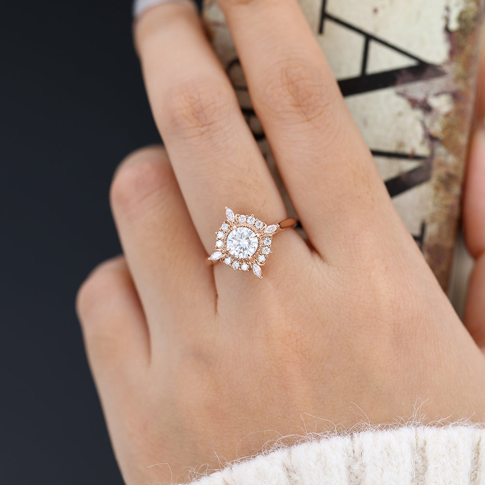 0.68 CT Round Shaped Moissanite Engagement Ring In Cluster Design