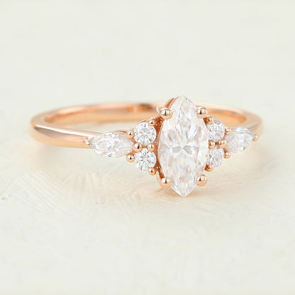 0.47 CT Marquise Shaped Moissanite Engagement Ring In Cluster Design