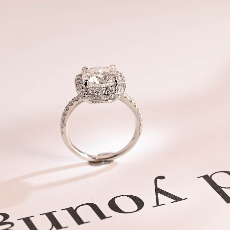 2.0 CT Cushion Pave & Halo Moissanite Engagement Ring
