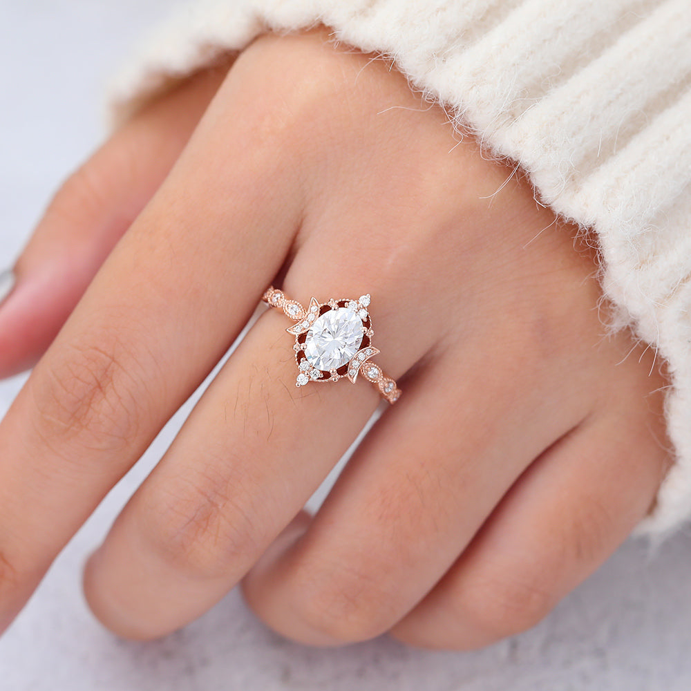 1.33 CT Oval Vintage Cluster & Pave Moissanite Engagement Ring