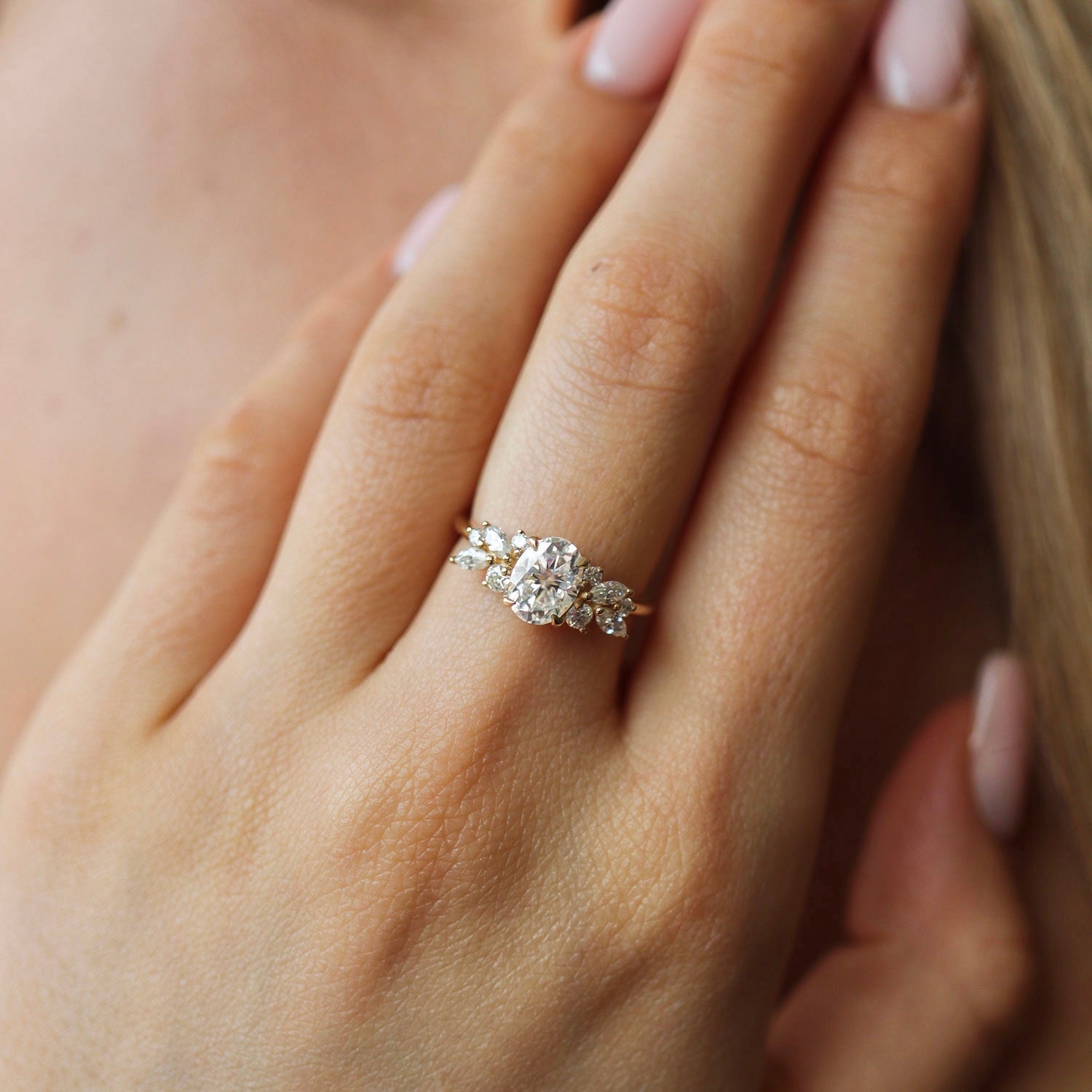 1.25 CT Oval Cluster Moissanite Engagement Ring