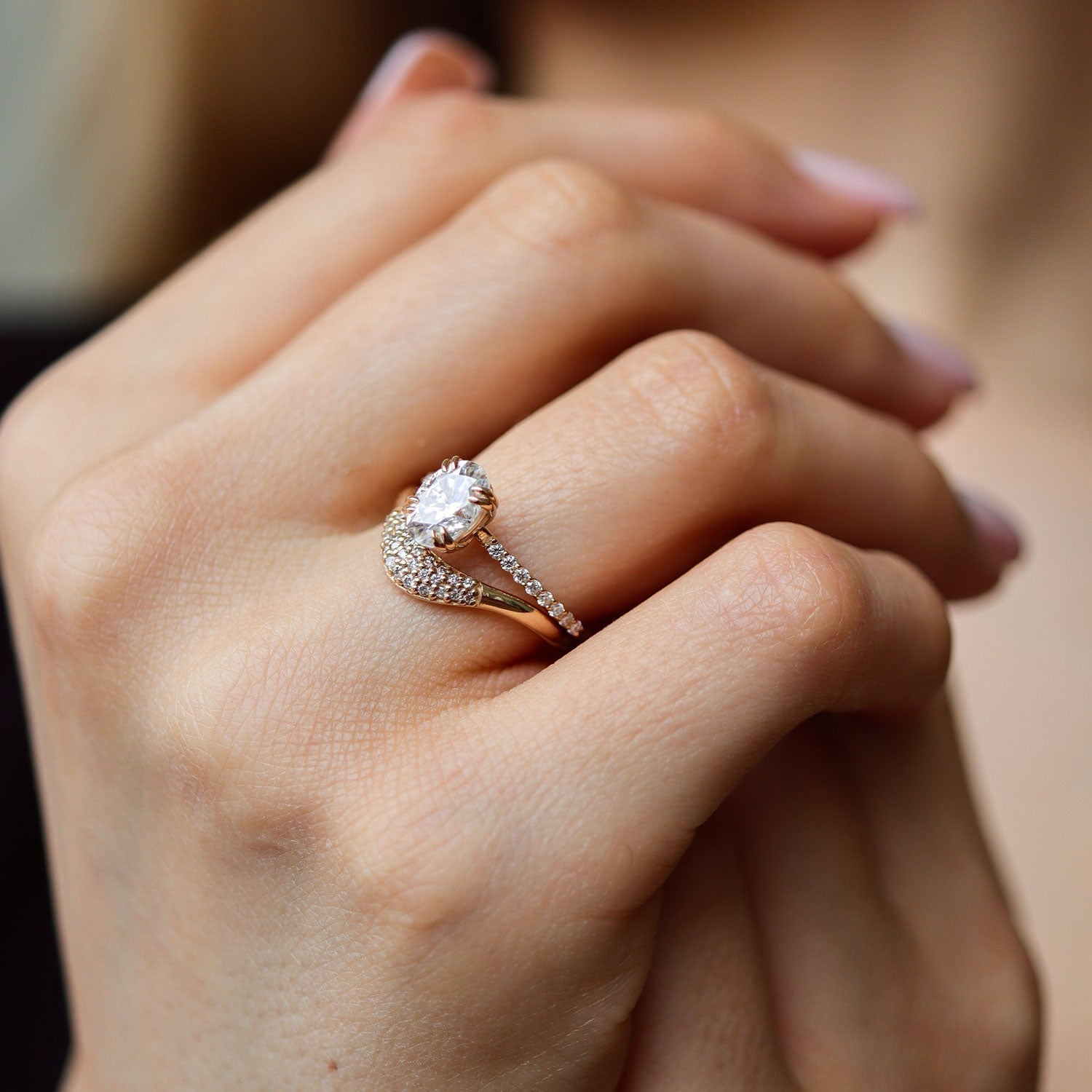 1.25 CT Oval Pave Moissanite Engagement Ring