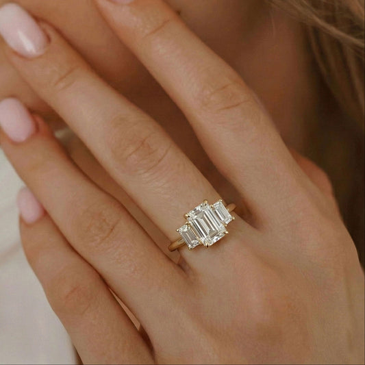 1.75 CT Emerald Three Stone Moissanite Engagement Ring