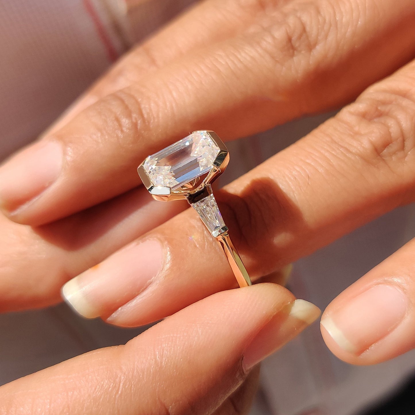 2.96 CT Emerald Half Bezel Three Stone Moissanite Engagement Ring